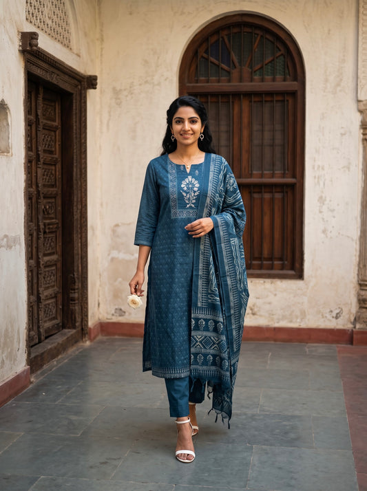 Indigo Floral Printed Straight Kurta Set with Dupatta
