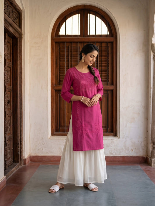 Old Rose Pink Embroidered Straight Kurta