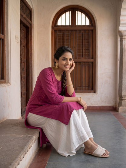 Old Rose Pink Embroidered Straight Kurta