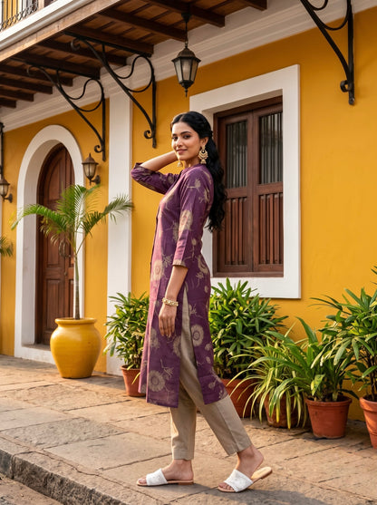 Mauve Printed Straight Kurta with Beige Pants