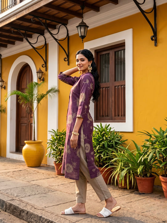 Mauve Printed Straight Kurta with Beige Pants