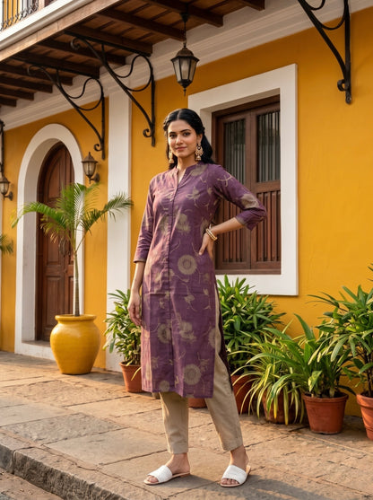 Mauve Printed Straight Kurta with Beige Pants