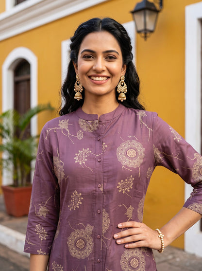 Mauve Printed Straight Kurta with Beige Pants