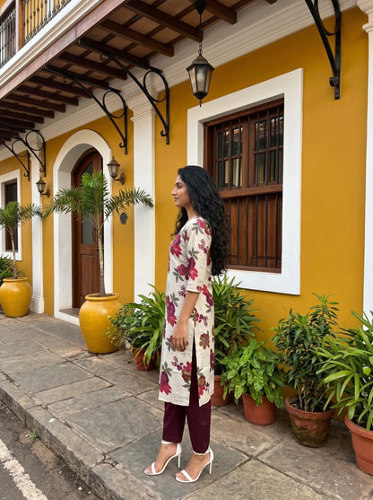 Grey Floral Printed Kurta Set with Wine Pants & Dupatta