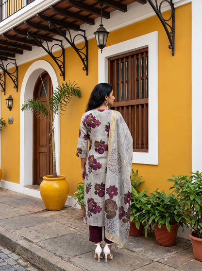 Grey Floral Printed Kurta Set with Wine Pants & Dupatta