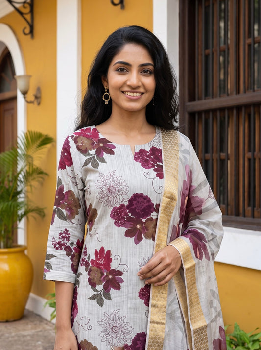 Grey Floral Printed Kurta Set with Wine Pants & Dupatta