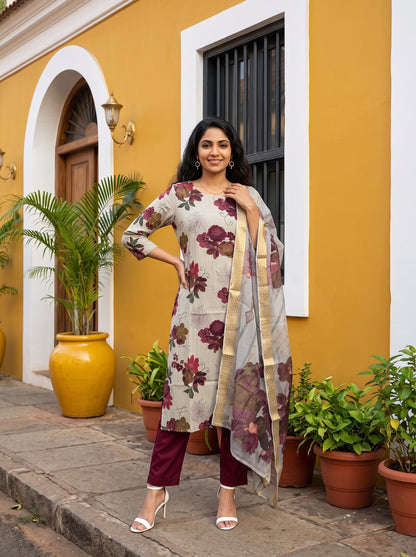 Grey Floral Printed Kurta Set with Wine Pants & Dupatta