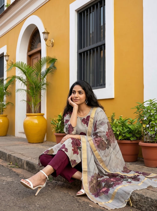 Grey Floral Printed Kurta Set with Wine Pants & Dupatta