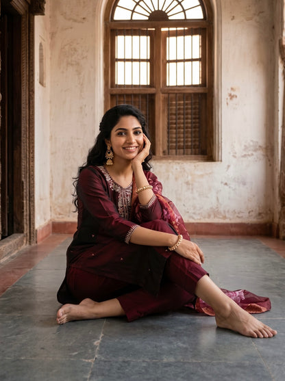Maroon Embroidered Kurta Set with Floral Dupatta