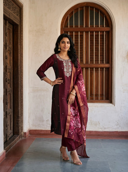 Maroon Embroidered Kurta Set with Floral Dupatta