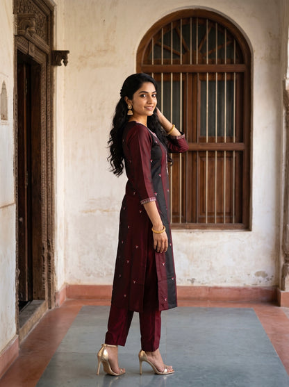 Maroon Embroidered Kurta Set with Floral Dupatta