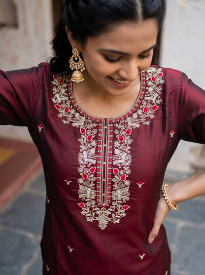Maroon Embroidered Kurta Set with Floral Dupatta