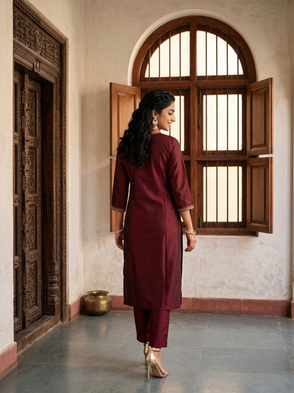 Maroon Embroidered Kurta Set with Floral Dupatta