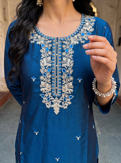 Teal Blue Embroidered Straight Cut Kurta Set with Dupatta