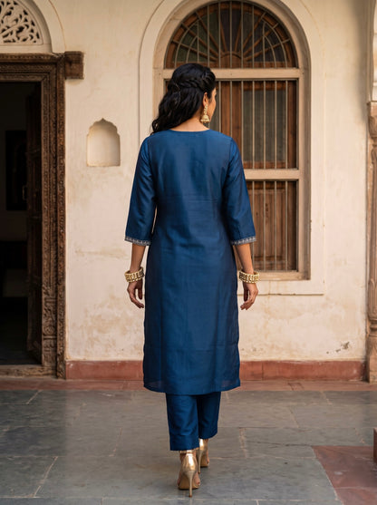 Teal Blue Embroidered Straight Cut Kurta Set with Dupatta