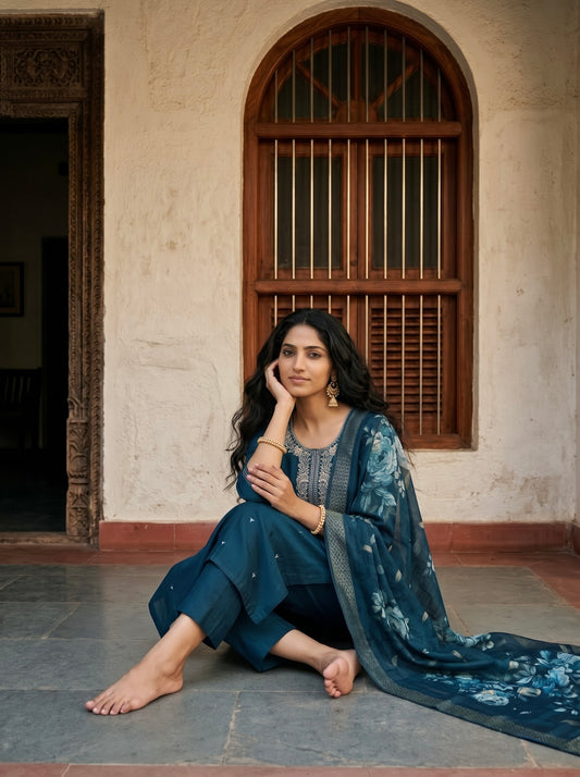 Teal Blue Embroidered Straight Cut Kurta Set with Dupatta