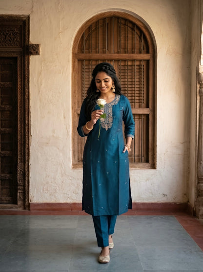 Teal Blue Embroidered Straight Cut Kurta Set with Dupatta