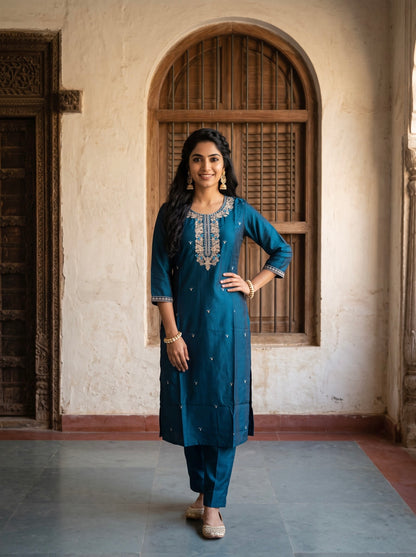 Teal Blue Embroidered Straight Cut Kurta Set with Dupatta