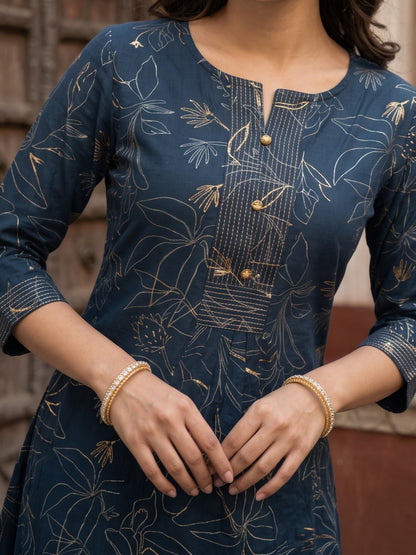 Midnight Blue Floral Print Straight Kurta Set