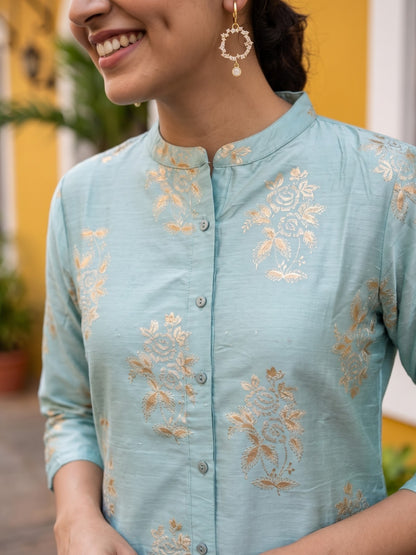Pastel Blue Floral Gold Foil Printed Kurta Set