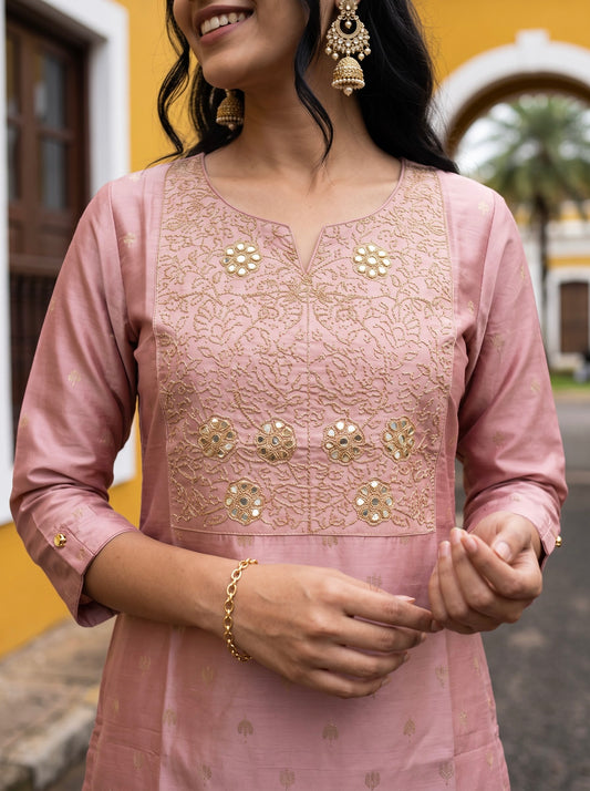 Blush Pink Gold-Embroidered Kurta