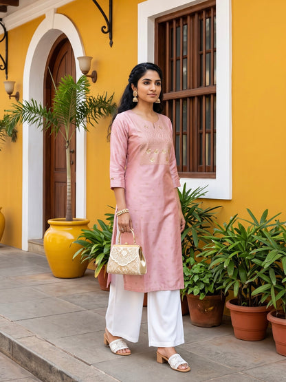 Blush Pink Gold-Embroidered Kurta
