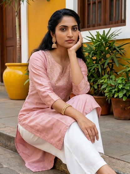 Blush Pink Gold-Embroidered Kurta