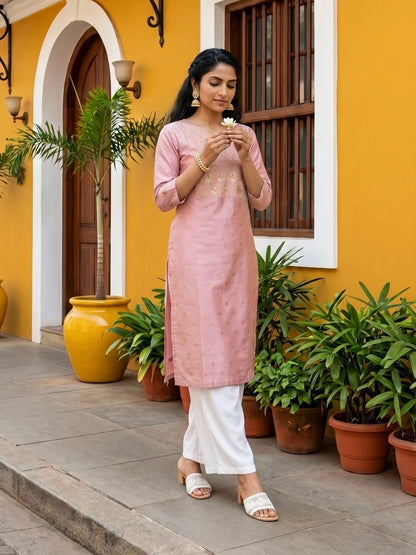 Blush Pink Gold-Embroidered Kurta