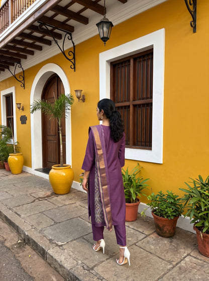 Royal Purple Embroidered Kurta Set with Printed Dupatta
