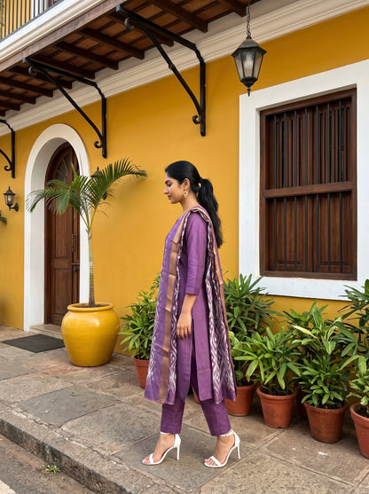 Royal Purple Embroidered Kurta Set with Printed Dupatta