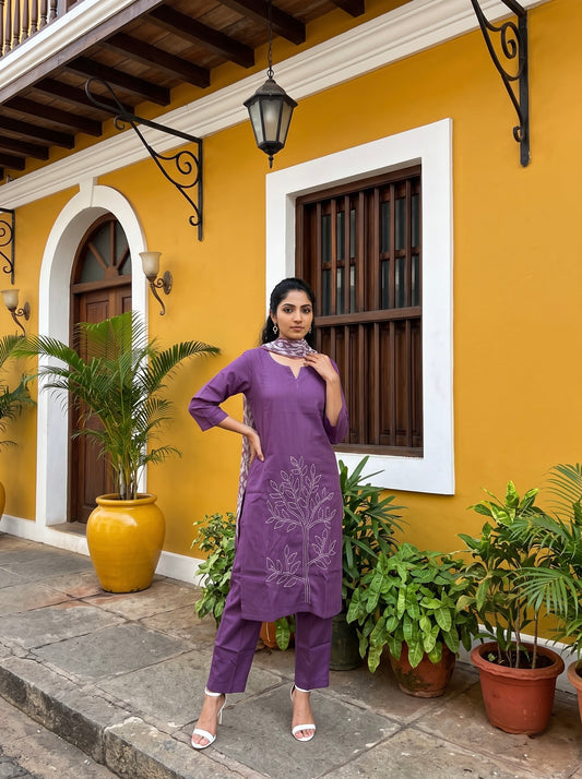Royal Purple Embroidered Kurta Set with Printed Dupatta