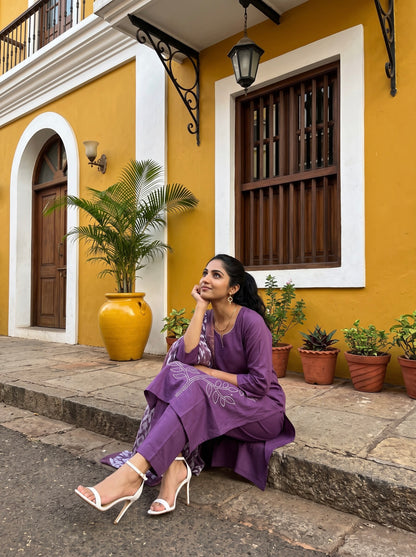 Royal Purple Embroidered Kurta Set with Printed Dupatta