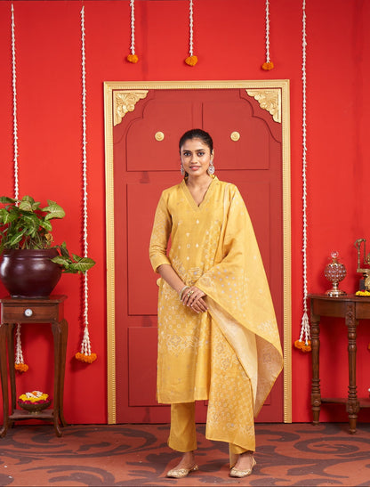 Mustard Yellow Printed Kurta Set with Matching Dupatta