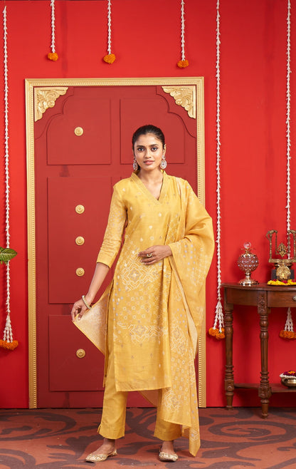 Mustard Yellow Printed Kurta Set with Matching Dupatta