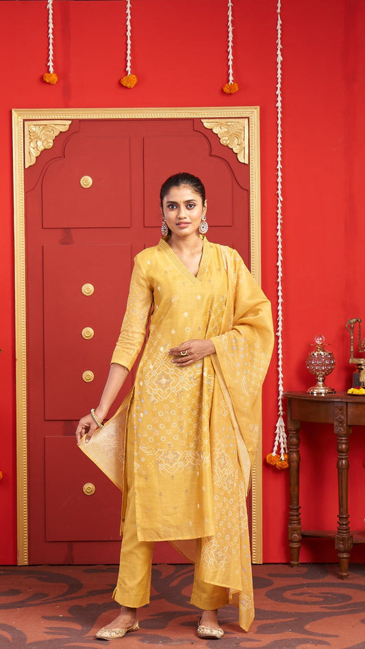 Mustard Yellow Printed Kurta Set with Matching Dupatta