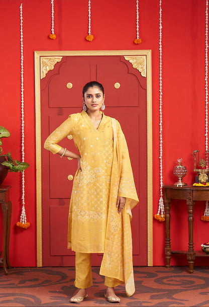 Mustard Yellow Printed Kurta Set with Matching Dupatta