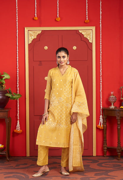 Mustard Yellow Printed Kurta Set with Matching Dupatta