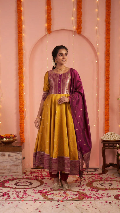 Mustard Yellow Anarkali Set with Wine Purple Dupatta