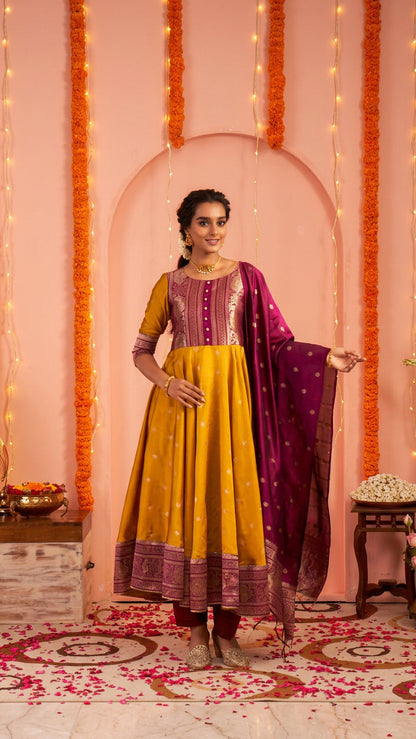 Mustard Yellow Anarkali Set with Wine Purple Dupatta