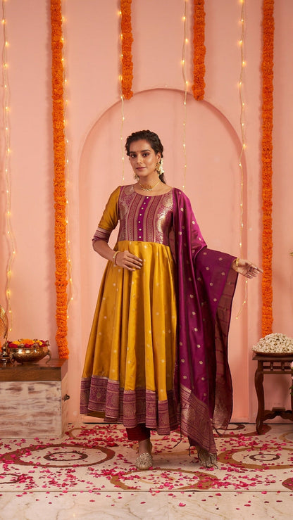 Mustard Yellow Anarkali Set with Wine Purple Dupatta