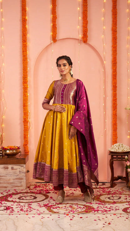Mustard Yellow Anarkali Set with Wine Purple Dupatta