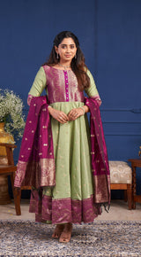 Elegant Pistachio Green Anarkali Suit Set with Deep Wine Dupatta