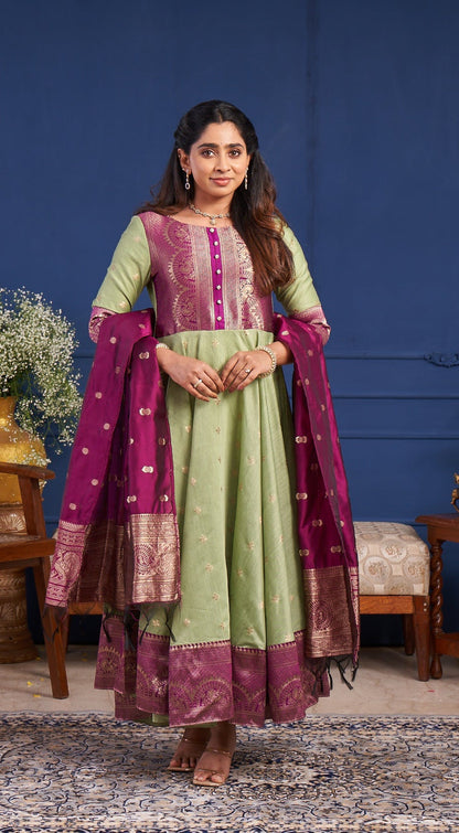 Elegant Pistachio Green Anarkali Suit Set with Deep Wine Dupatta