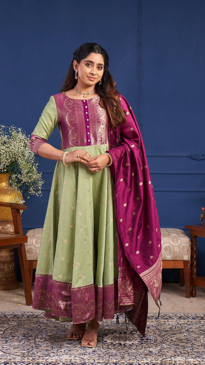 Elegant Pistachio Green Anarkali Suit Set with Deep Wine Dupatta