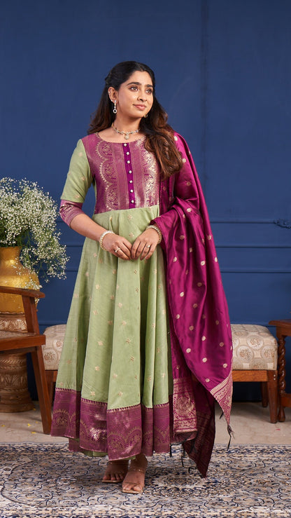 Elegant Pistachio Green Anarkali Suit Set with Deep Wine Dupatta