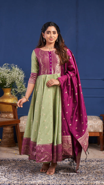 Elegant Pistachio Green Anarkali Suit Set with Deep Wine Dupatta