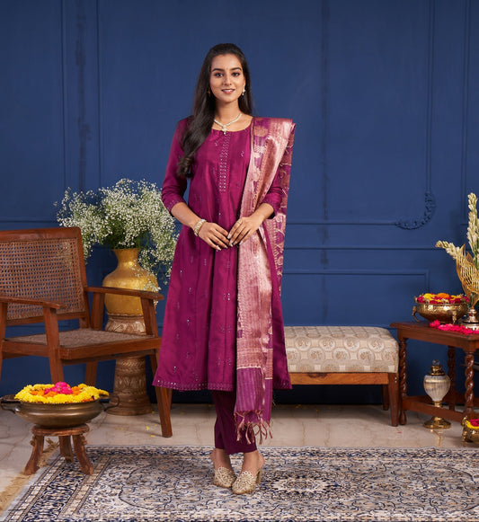 Berry Magenta Embellished Straight Kurta