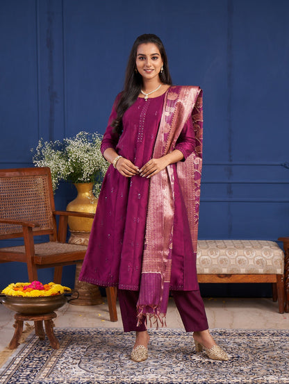 Berry Magenta Embellished Straight Kurta