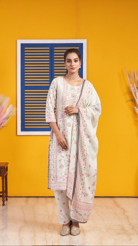 Pastel Green Floral Printed Straight Kurta Set with Dupatta