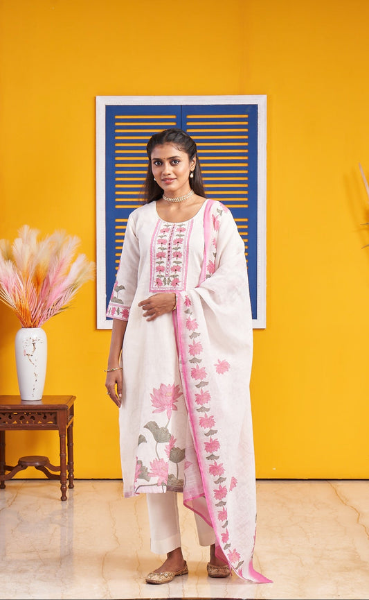 Ivory White Floral Printed Kurta Set with Pink Dupatta